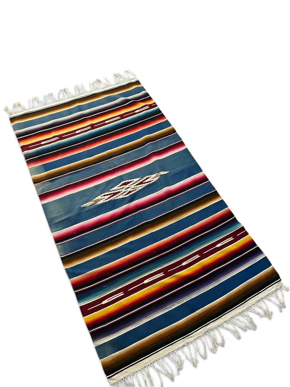 MCM Vintage Handwoven Blue Striped Mexican Serape Wool Blanket - Multi-Color